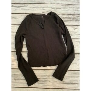 PS Basics by PacSun Womens Small Black Ribbed Henley Long Sleeve Top Lettuce Hem